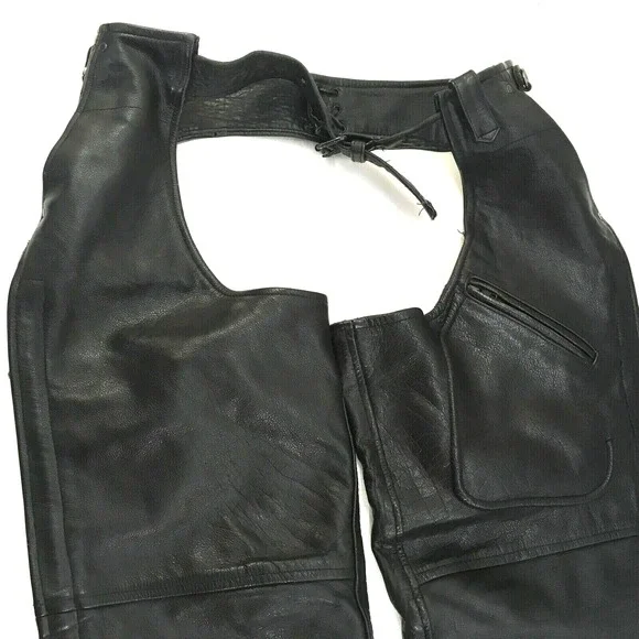 Leather‎ King Motorcycle Chaps Black Leather Mens Large Pockets Heavy Supple - Picture 2 of 8